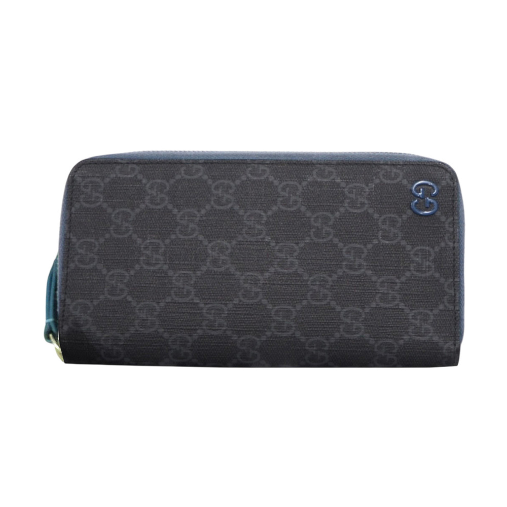 GUCCI GG Supreme Zip-Around Wallet Blue Interior 822051 Long Black Gray Leath...